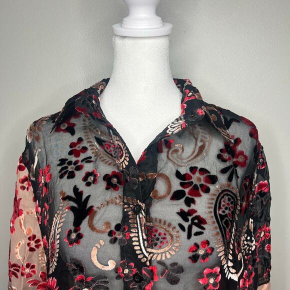 ADORE Crushed Velvet Burnout Paisley Tunic Top Size S Boho Artsy Sheer Lagenlook - Picture 2 of 13